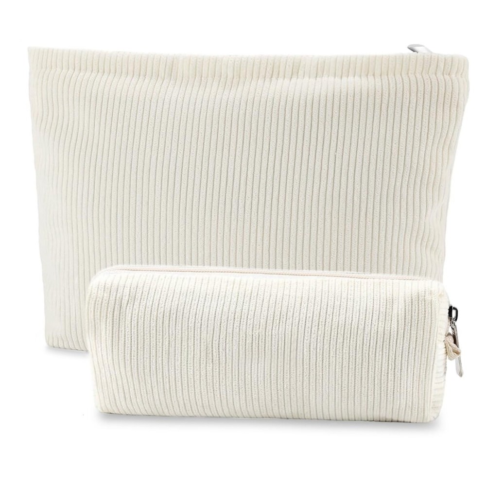 Saikaspotts 2PCS Travel Makeup Bag, Large Capacity Corduroy Cosmetic Bag, Large & Small Pink Toiletry Bag Organizer for Women Storage Cute Makeup Brush Bag-Corduroy Beige
