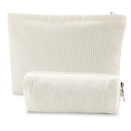 Saikaspotts 2PCS Travel Makeup Bag, Large Capacity Corduroy Cosmetic Bag, Large & Small Pink Toiletry Bag Organizer for Women Storage Cute Makeup Brush Bag-Corduroy Beige