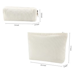 Saikaspotts 2PCS Travel Makeup Bag, Large Capacity Corduroy Cosmetic Bag, Large & Small Pink Toiletry Bag Organizer for Women Storage Cute Makeup Brush Bag-Corduroy Beige