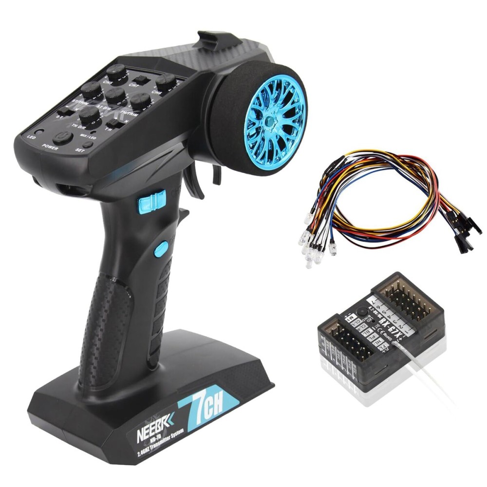 NEEBRC 7 Channels RC Transmitter with Receiver Built-in Light Control System and 12LED Light Set, 2.4GHz Radio Remote Controller for RC Car Crawler Truck Racing Buggy Off Road On Road Boat Tank(Blue)