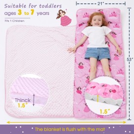 Nap Mat with Pillow Blanket Set: Princess Sleeping Mats for Toddler Kids - Thick Large Roll up Slumber Bag for Daycare Preschool Kindergarten Boys Girls