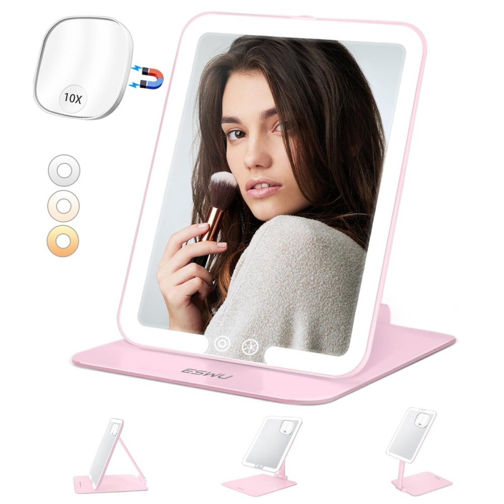 ESWU Travel Makeup Mirror with Light, Portable Folding Make Up Tabletop Mirror with 10X Magnifying Mirror Rechargable 3 Colors Light Compact Vanity Mirror with Adjustable Stand (Pink) ESWU Travel Makeup Mirror with Light, Portable Folding Make Up Tabletop Mirror with 10X Magnifying Mirror Rechargable 3 Colors Light Compact Vanity Mirror with Adjustable Stand (Pink)