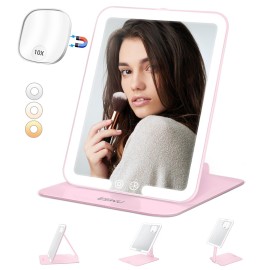 ESWU Travel Makeup Mirror with Light, Portable Folding Make Up Tabletop Mirror with 10X Magnifying Mirror Rechargable 3 Colors Light Compact Vanity Mirror with Adjustable Stand (Pink)