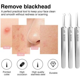 3Pcs Professional Blackhead Tweezer Professional Facial Blackhead Remover Tweezers Precision Extractor Acne Removal Kit Pimple Popper Tool with storage box