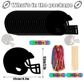 Syhood 64 Pcs Football Scratch Paper Crafts Kit Football Helmet Scratch Cards Ornaments with Wooden Stylus and Ribbons for Adults Crafts Painting Party Supplies