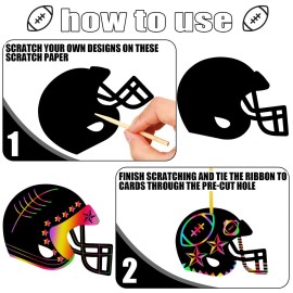 Syhood 64 Pcs Football Scratch Paper Crafts Kit Football Helmet Scratch Cards Ornaments with Wooden Stylus and Ribbons for Adults Crafts Painting Party Supplies
