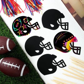 Syhood 64 Pcs Football Scratch Paper Crafts Kit Football Helmet Scratch Cards Ornaments with Wooden Stylus and Ribbons for Adults Crafts Painting Party Supplies