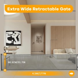 FAHKNS 177 Retractable Baby Gate, Folding Security Gates for Kids, Extra Wide Mesh Barrier Door for Dogs, Useful Safety Gates for Stair, Hallways, Kitchens, Indoor, Outdoor, Bedrooms, Grey