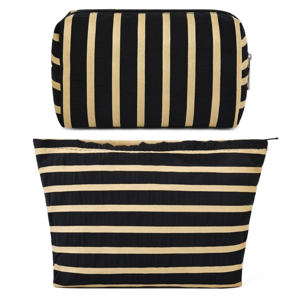 SOIDRAM 2 Pieces Makeup Bag Large Stripe Cosmetic Bag Capacity Canvas Mix Travel Toiletry Bag Organizer Cute Makeup Brushes Aesthetic Accessories Storage Bag for Women, Stripe Mix Black