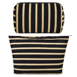 SOIDRAM 2 Pieces Makeup Bag Large Stripe Cosmetic Bag Capacity Canvas Mix Travel Toiletry Bag Organizer Cute Makeup Brushes Aesthetic Accessories Storage Bag for Women, Stripe Mix Black