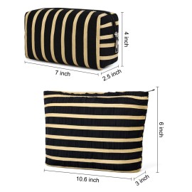 SOIDRAM 2 Pieces Makeup Bag Large Stripe Cosmetic Bag Capacity Canvas Mix Travel Toiletry Bag Organizer Cute Makeup Brushes Aesthetic Accessories Storage Bag for Women, Stripe Mix Black