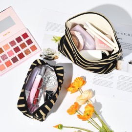 SOIDRAM 2 Pieces Makeup Bag Large Stripe Cosmetic Bag Capacity Canvas Mix Travel Toiletry Bag Organizer Cute Makeup Brushes Aesthetic Accessories Storage Bag for Women, Stripe Mix Black