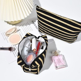 SOIDRAM 2 Pieces Makeup Bag Large Stripe Cosmetic Bag Capacity Canvas Mix Travel Toiletry Bag Organizer Cute Makeup Brushes Aesthetic Accessories Storage Bag for Women, Stripe Mix Black