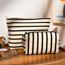 SOIDRAM 2 Pieces Makeup Bag Large Stripe Cosmetic Bag Capacity Canvas Mix Travel Toiletry Bag Organizer Cute Makeup Brushes Aesthetic Accessories Storage Bag for Women, Stripe Mix White SOIDRAM 2 Pieces Makeup Bag Large Stripe Cosmetic Bag Capacity Canvas Mix Travel Toiletry Bag Organizer Cute Makeup Brushes Aesthetic Accessories Storage Bag for Women, Stripe Mix White