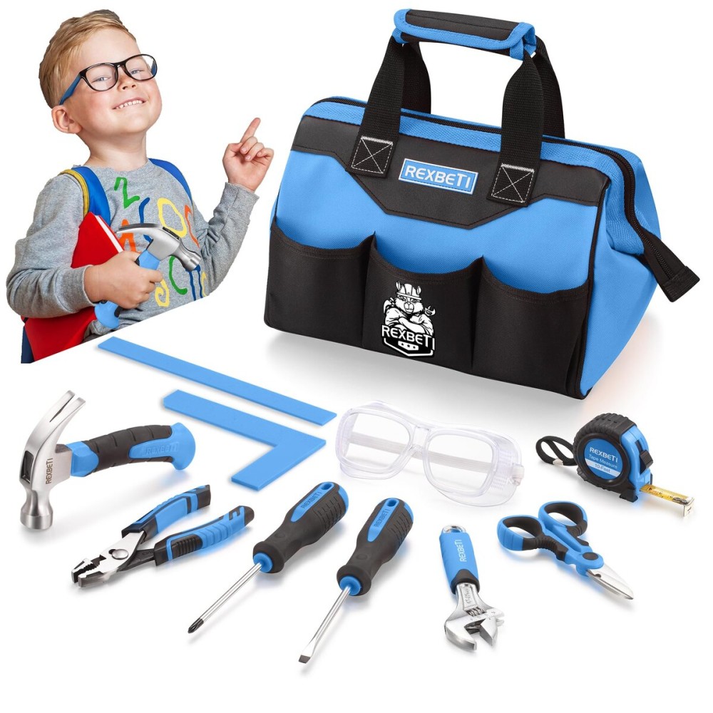 REXBETI 10-Piece Kids Tool Set with Real Hand Tools, Blue Durable Storage Bag, Children Learning Tool Kit for Home DIY and Woodworking,6+ Year Old Birthday Gift