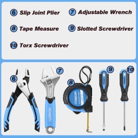 REXBETI 10-Piece Kids Tool Set with Real Hand Tools, Blue Durable Storage Bag, Children Learning Tool Kit for Home DIY and Woodworking,6+ Year Old Birthday Gift