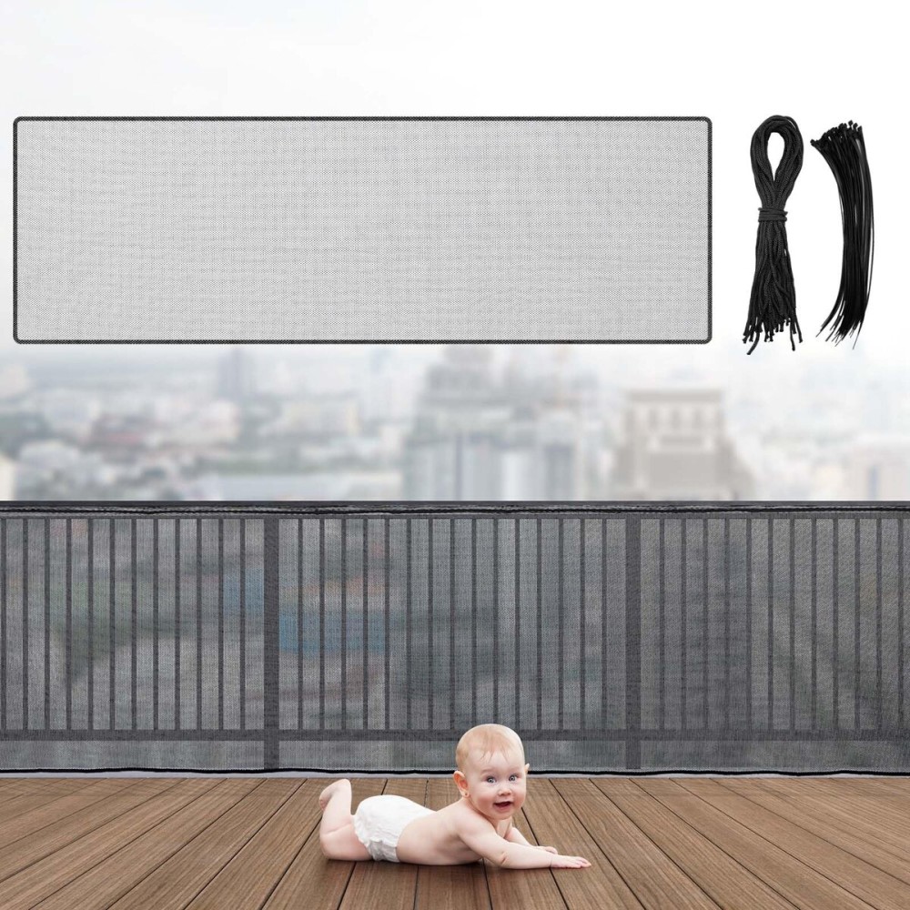 Hosuly Banister Guard 15 x 3 ft Balcony Netting for Kids Pets Stairway Safety Net Baby Fence Door Balcony Netting Safety Mesh Stair Net with No Drilling for Apartment Railing (Black)