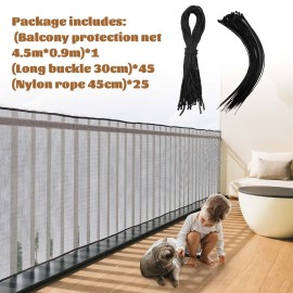 Hosuly Banister Guard 15 x 3 ft Balcony Netting for Kids Pets Stairway Safety Net Baby Fence Door Balcony Netting Safety Mesh Stair Net with No Drilling for Apartment Railing (Black)