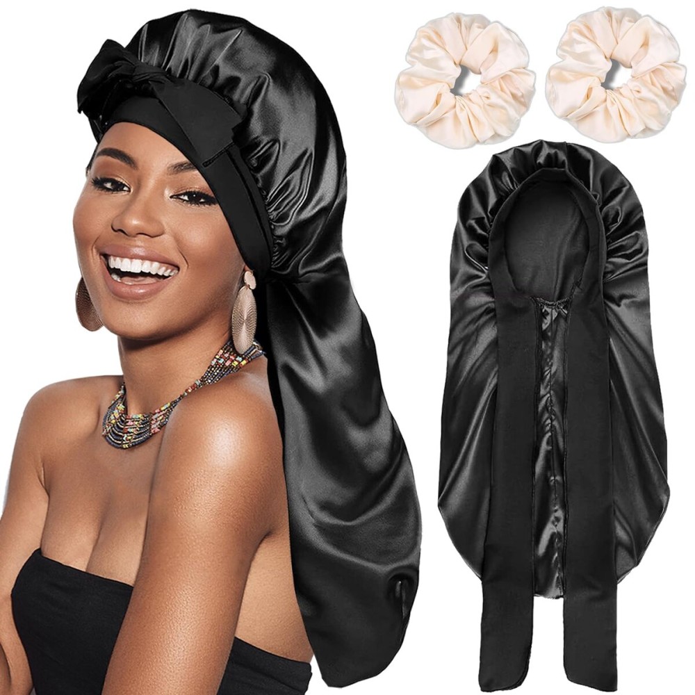 Silk Satin Hair Bonnet for Sleeping - Bonnets for Braids Black Women Curly Hair,Silk Hair Wrap Tie Band Long Big Silky Sleeping Cap with 2 Pcs Satin Scrunchies Silk Satin Hair Bonnet for Sleeping - Bonnets for Braids Black Women Curly Hair,Silk Hair Wrap Tie Band Long Big Silky Sleeping Cap with 2 Pcs Satin Scrunchies