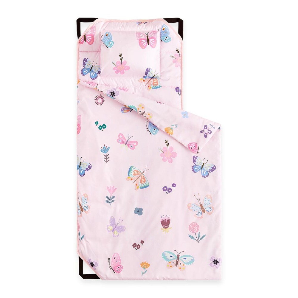 Wake In Cloud - Cot Nap Mat with Pillow and Blanket, for Toddler Kids Girls in Daycare Kindergarten Preschool Pre K with Elastic Corner Straps, Cute Butterfly Flowers, Pink
