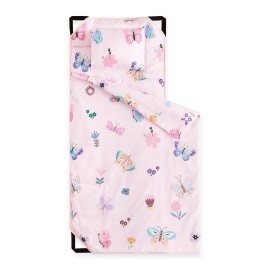Wake In Cloud - Cot Nap Mat with Pillow and Blanket, for Toddler Kids Girls in Daycare Kindergarten Preschool Pre K with Elastic Corner Straps, Cute Butterfly Flowers, Pink