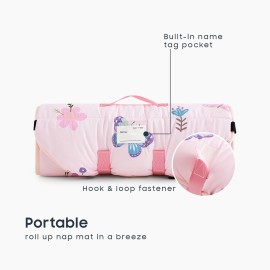 Wake In Cloud - Cot Nap Mat with Pillow and Blanket, for Toddler Kids Girls in Daycare Kindergarten Preschool Pre K with Elastic Corner Straps, Cute Butterfly Flowers, Pink