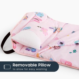 Wake In Cloud - Cot Nap Mat with Pillow and Blanket, for Toddler Kids Girls in Daycare Kindergarten Preschool Pre K with Elastic Corner Straps, Cute Butterfly Flowers, Pink