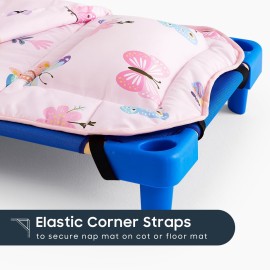 Wake In Cloud - Cot Nap Mat with Pillow and Blanket, for Toddler Kids Girls in Daycare Kindergarten Preschool Pre K with Elastic Corner Straps, Cute Butterfly Flowers, Pink