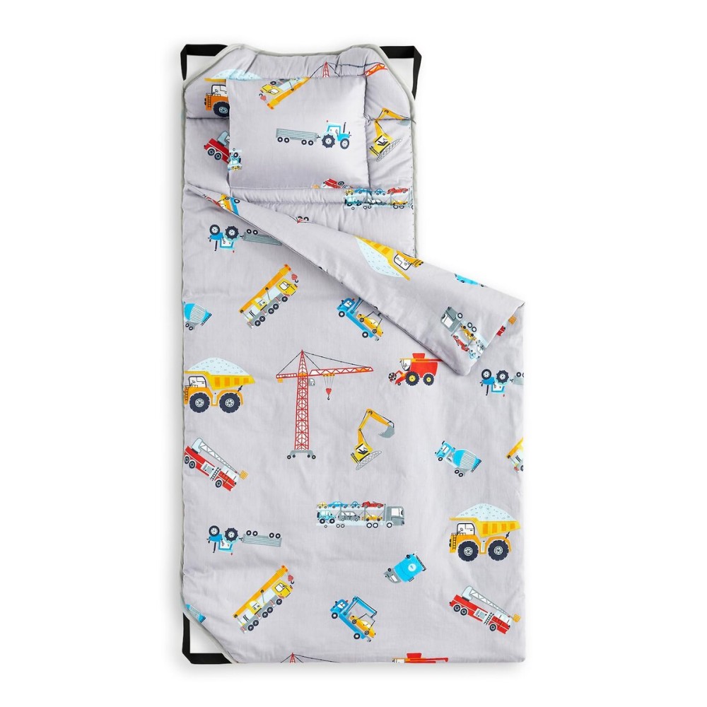 Wake In Cloud - Cot Nap Mat with Pillow and Blanket, 100% Cotton Fabric, for Toddler Kids Boys Girls in Daycare Kindergarten Preschool with Elastic Corner Straps, Cars Cranes Trucks on Gray
