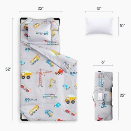 Wake In Cloud - Cot Nap Mat with Pillow and Blanket, 100% Cotton Fabric, for Toddler Kids Boys Girls in Daycare Kindergarten Preschool with Elastic Corner Straps, Cars Cranes Trucks on Gray