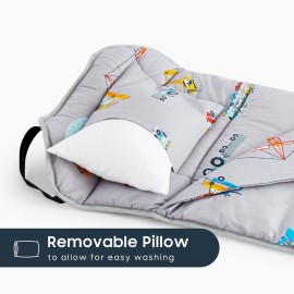 Wake In Cloud - Cot Nap Mat with Pillow and Blanket, 100% Cotton Fabric, for Toddler Kids Boys Girls in Daycare Kindergarten Preschool with Elastic Corner Straps, Cars Cranes Trucks on Gray