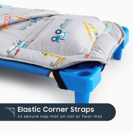 Wake In Cloud - Cot Nap Mat with Pillow and Blanket, 100% Cotton Fabric, for Toddler Kids Boys Girls in Daycare Kindergarten Preschool with Elastic Corner Straps, Cars Cranes Trucks on Gray