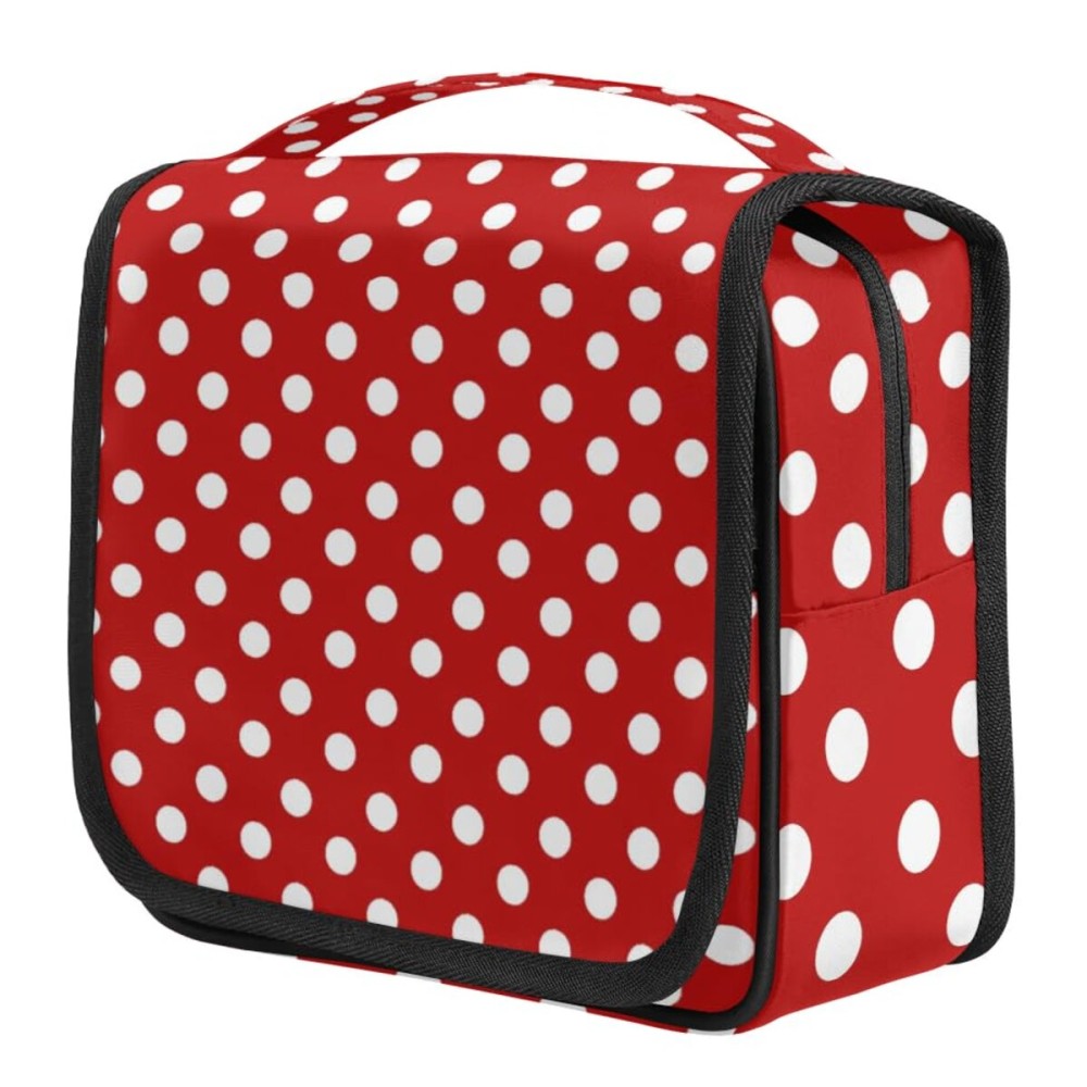 cfpolar Red Polka Dot Travel Toiletry Bag with Hanging Hook, Waterproof Toiletries Travel Bag for Women Girls, Portable Make Up Bag Organizer, Hanging Case Cosmetics Bags for Bathroom