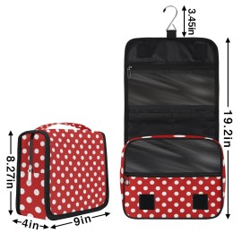 cfpolar Red Polka Dot Travel Toiletry Bag with Hanging Hook, Waterproof Toiletries Travel Bag for Women Girls, Portable Make Up Bag Organizer, Hanging Case Cosmetics Bags for Bathroom