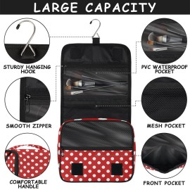 cfpolar Red Polka Dot Travel Toiletry Bag with Hanging Hook, Waterproof Toiletries Travel Bag for Women Girls, Portable Make Up Bag Organizer, Hanging Case Cosmetics Bags for Bathroom