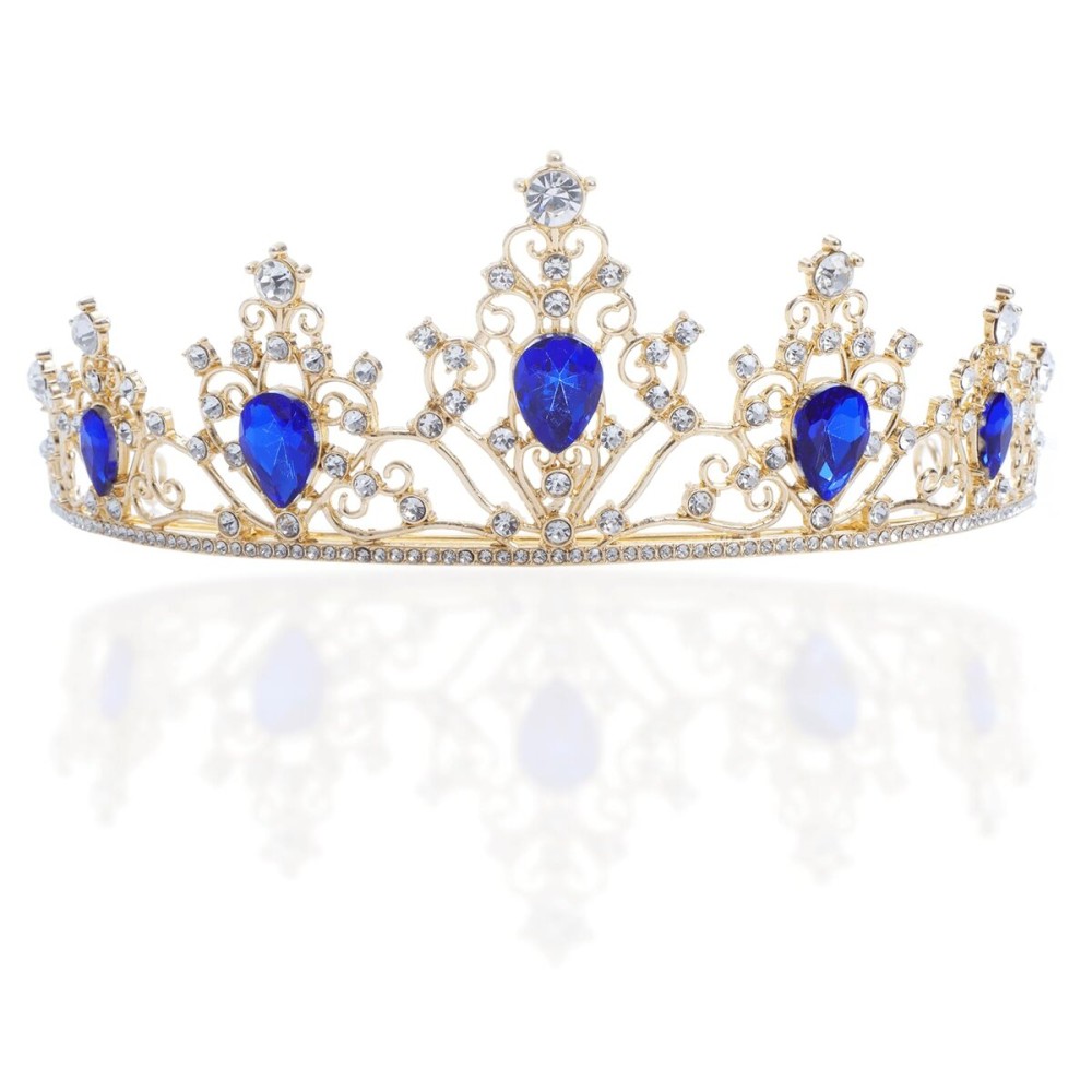 Gold Tiara Crown Crystal Blue Rhinestone Tiara Princess Bride Headband for Wedding, Birthday, Pageant, Party, Blue,Gold