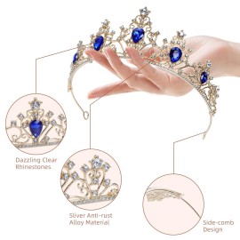 Gold Tiara Crown Crystal Blue Rhinestone Tiara Princess Bride Headband for Wedding, Birthday, Pageant, Party, Blue,Gold