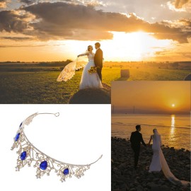 Gold Tiara Crown Crystal Blue Rhinestone Tiara Princess Bride Headband for Wedding, Birthday, Pageant, Party, Blue,Gold