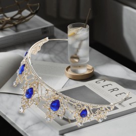 Gold Tiara Crown Crystal Blue Rhinestone Tiara Princess Bride Headband for Wedding, Birthday, Pageant, Party, Blue,Gold