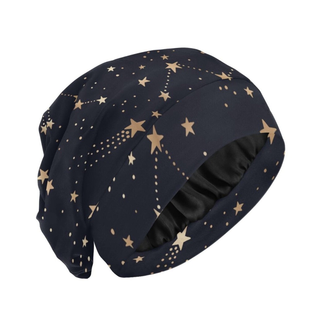 Satin Bonnet Hair Wrap for Sleeping - Lined Sleep Cap for Curly Hair Women & Men - Gold Stars