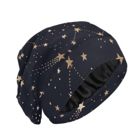 Satin Bonnet Hair Wrap for Sleeping - Lined Sleep Cap for Curly Hair Women & Men - Gold Stars