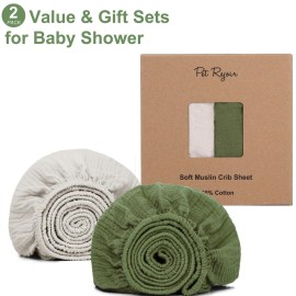 PET REJOIR Muslin Fitted Crib Sheets for Girls & Boys-2 Pack 28x 52 Soft Baby Mattress Sheet-No Slip Boho Neutral Breathable Toddler Cotton Bedding Olive Green & Beige