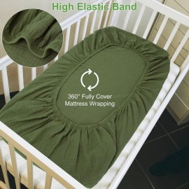 PET REJOIR Muslin Fitted Crib Sheets for Girls & Boys-2 Pack 28x 52 Soft Baby Mattress Sheet-No Slip Boho Neutral Breathable Toddler Cotton Bedding Olive Green & Beige