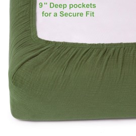 PET REJOIR Muslin Fitted Crib Sheets for Girls & Boys-2 Pack 28x 52 Soft Baby Mattress Sheet-No Slip Boho Neutral Breathable Toddler Cotton Bedding Olive Green & Beige