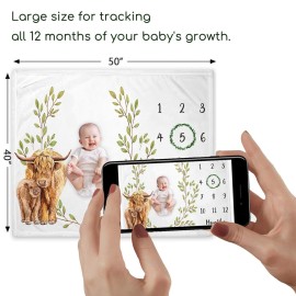 Yuzioey Highland Cow Milestone Blanket, Monthly Growth Chart, Watch Me Grow Nursery for New Moms Baby Shower (50x40)