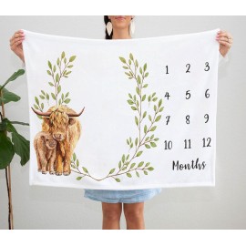 Yuzioey Highland Cow Milestone Blanket, Monthly Growth Chart, Watch Me Grow Nursery for New Moms Baby Shower (50x40)