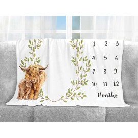 Yuzioey Highland Cow Milestone Blanket, Monthly Growth Chart, Watch Me Grow Nursery for New Moms Baby Shower (50x40)