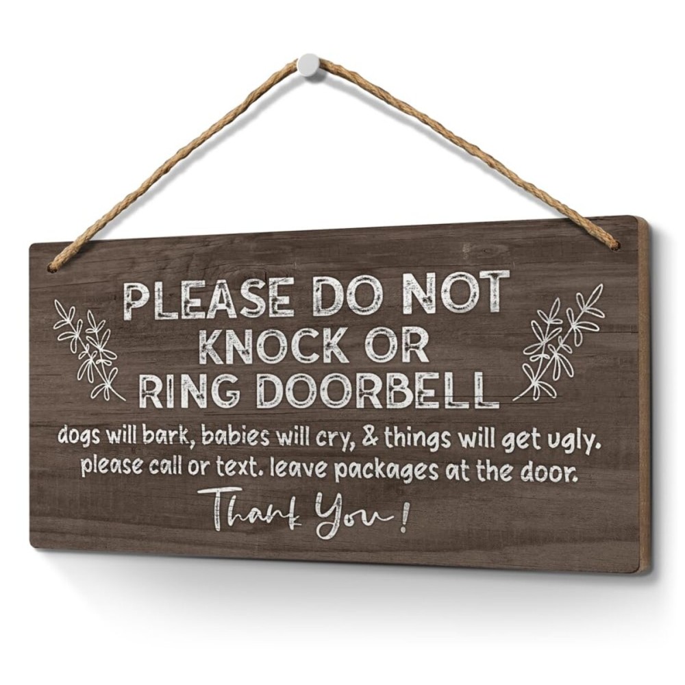 Heuhuww Please Do Not Knock or Ring Doorbell Sign 6x12,Funny Baby Sleeping Sign for Front Door,No Soliciting Sign for House,Do Not Disturb Door-Must Have Home Door Sign-Brown