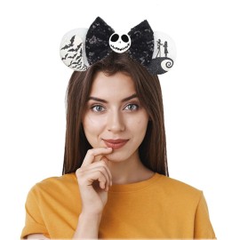 Halloween Mouse Ears Headband Pumpkin Ghost Skull Bat Hairband Sequin Bow Hair Hoop Headpiece for Party Favors