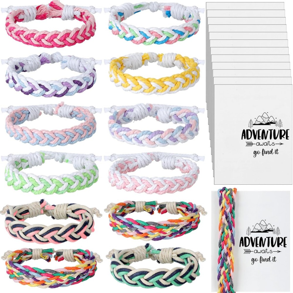 Ecally 12 Pack Handmade Camping Braided Friendship Bracelets Girl Scout Gifts with Cards Party Favors Gift for Teen Girl Boy Woven Adjustable Colorful Wrap Bracelet with Sliding Knot Birthday(Girls)